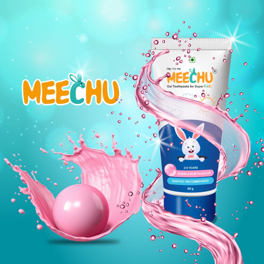 Meechu Kids Toothpaste Bubblegum Flavour 80g | 550 ppm Fluoride | 2 - 6 years kids - Meechu